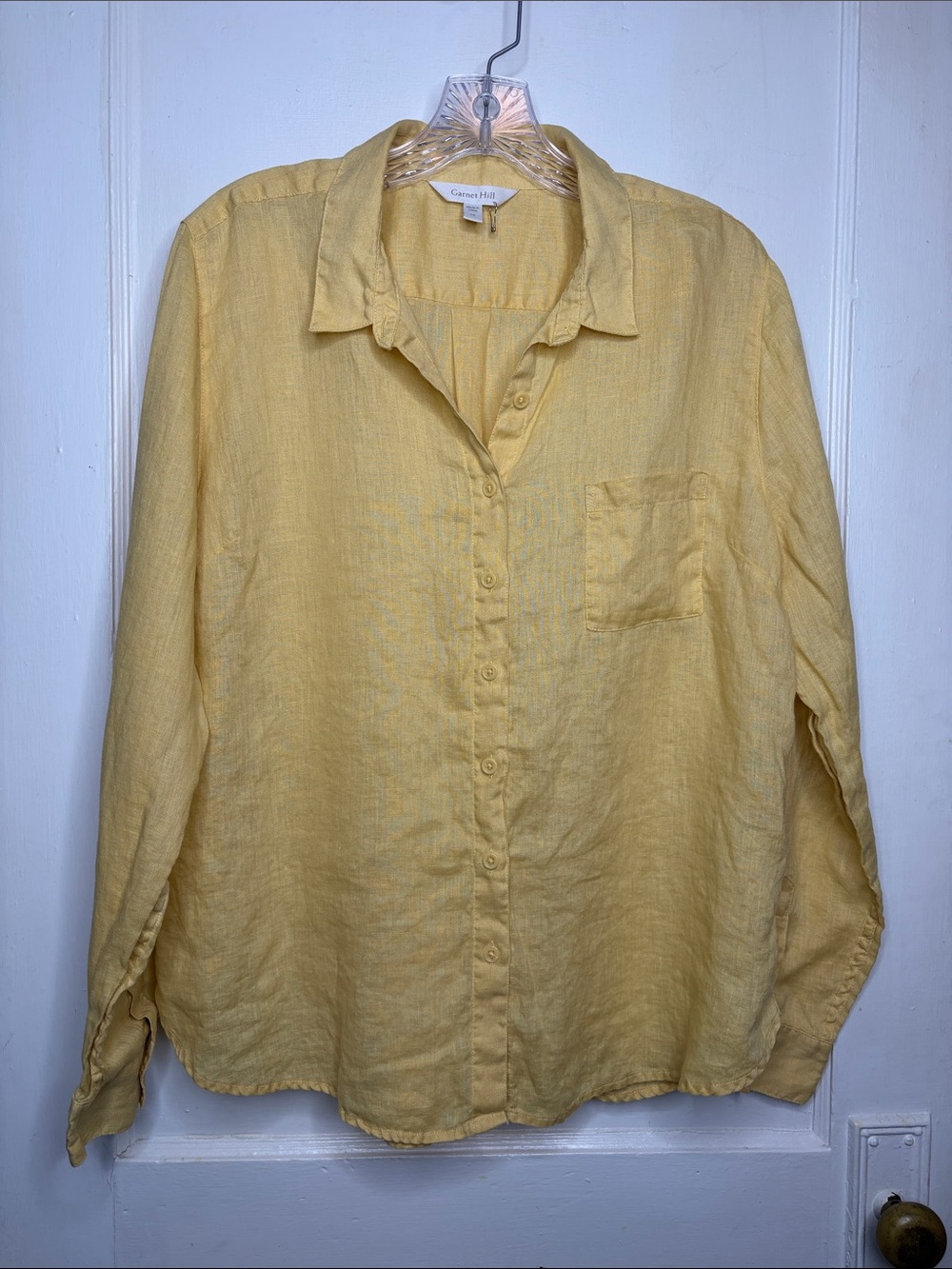 Garnet Hill 100% Linen Button Down Shirt Yellow Long Sleeve Pocket Size 12
